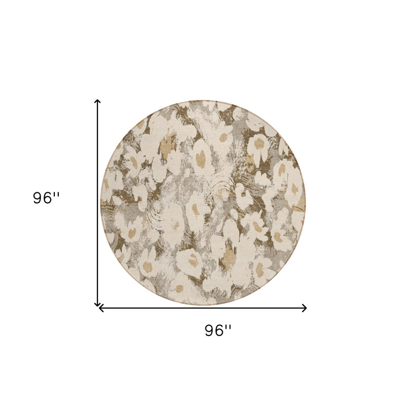 Tapis d'intérieur rond 8 po kaki à motif floral lavable et antidérapant