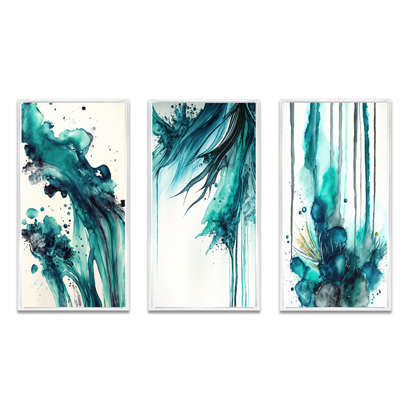 «Tropical Turquoise Joyfulness», 3 pièces sur toile, Cadre flottant blanc, H 32 po x l 48 po