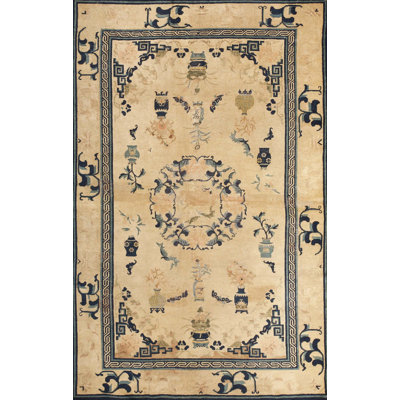 Rectangle Wool Chinese Peking Ivory Small Scatter Size 1880s Knotted Antique Rug