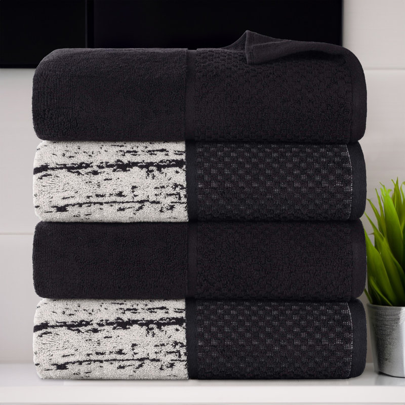 Serviette de bain en coton jacquard Lodie, Noir / Ivoire
