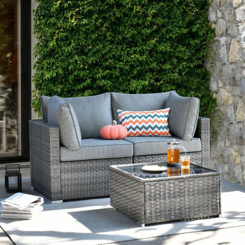 Ensemble de patio modulaire en osier toutes saisons pour 2 personnes avec coussins	, Gris foncé