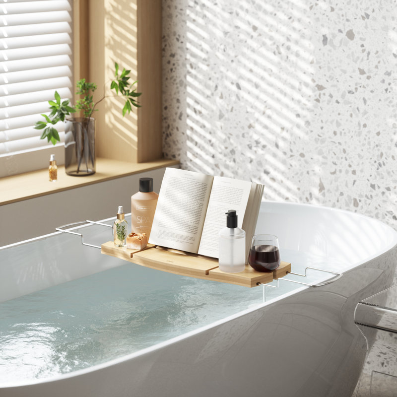 Luxury Bamboo Freestanding Bathtub Caddy with Wine Glass Holder