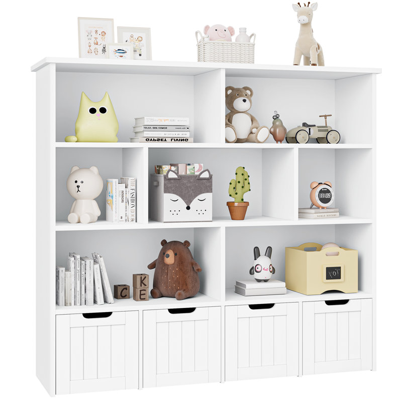 Kirklyn 49.4"W 7 Cube Bookcase, Standard Bookcase With 4 Removable Drawers, White