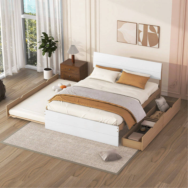 Cadre de lit double moderne avec lit gigogne simple et 2 tiroirs blanc brillant avec couleur chêne clair, Blanc / Chêne