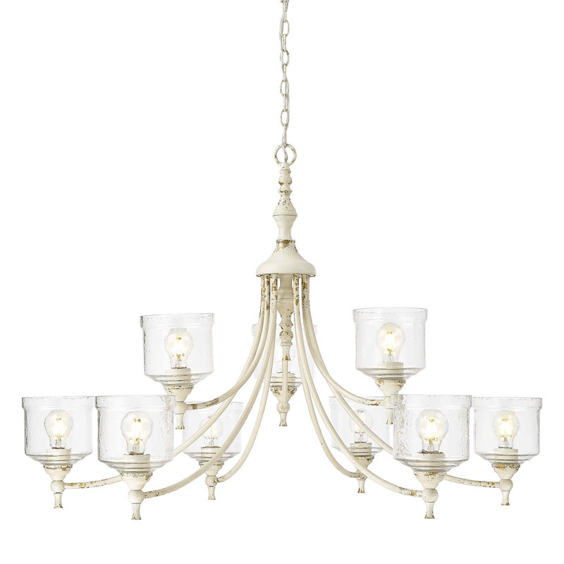 Lustre 9 lumières avec abat-jour en verre martelé Corder, Fer noir antique