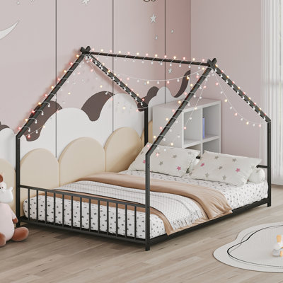 Structure de lit double sur le toit en fer noir avec quatre lumières DEL de couleur, 78,5 po de longueur, 55,9 po de largeur, 58,4 po de hauteur, 350 lb de cadre de charge, fer, éclairage en forme de toit et équipé, L x l H, capacité,