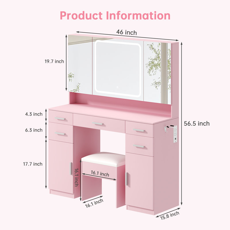 Ato Vanity Desk with Mirror and Lights, Vanity Tables with 7 Drawers, Makeup Vanity with Tri-Folding 3 Colors Lighting Mirror and Cushioned Stool, Big Vanities Perfect for Bedroom, White