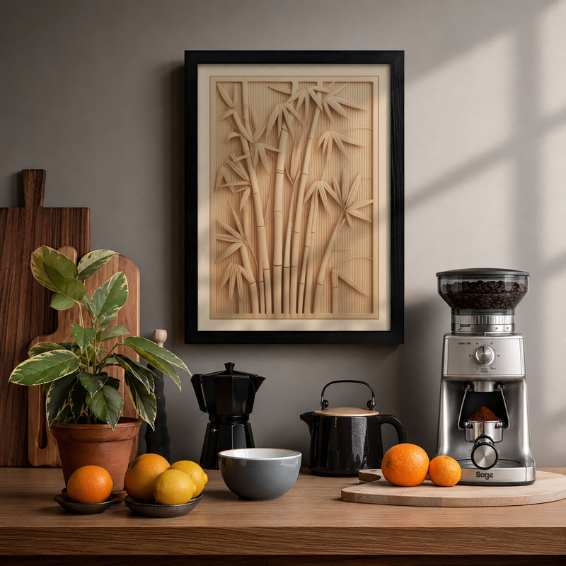 Bamboo Relief Botanical - Framed Print, A2 - 59.4 x 42.0 cm, Black