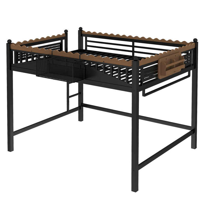 Queen Size Metal Loft Bed with Ladder, Built-In Storage Shelves & Bookshelf, Space-Saving Bedroom Bunk, Black, Queen