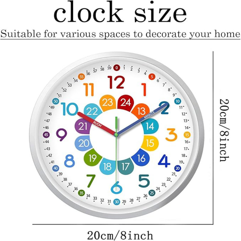 XFM Small Wall Clock Battery Operated 8 Inch Silent Teaching Clock For Classroom Plastic Colorful Wall Clock For Kids