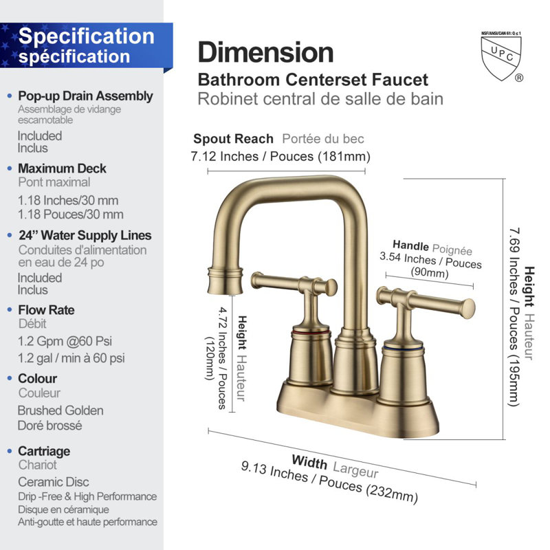 Centerset 2-handle Bathroom Sink Faucet with Drain Assembly, Brushed Gold