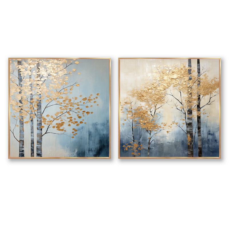 Minimalisme, arbres dorés et bleus scène V - ensemble de 2 arbres carrés, Cadre flottant doré, H 30 po x l 61 po