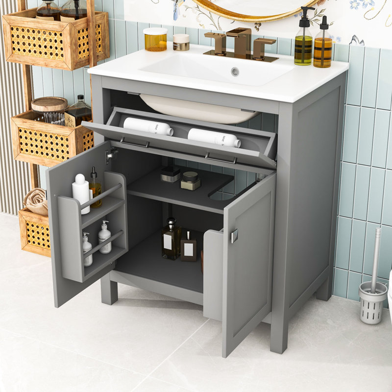 Meuble-lavabo simple autoportant avec rangement, portes à fermeture en douceur et lavabo en céramique Devises, Gris