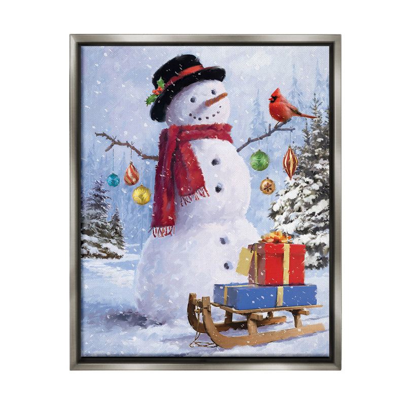«Snowman With Gift Sled» par Jason Kirk sur toile, Cadre flottant gris lustré, H 31 po x l 25 po