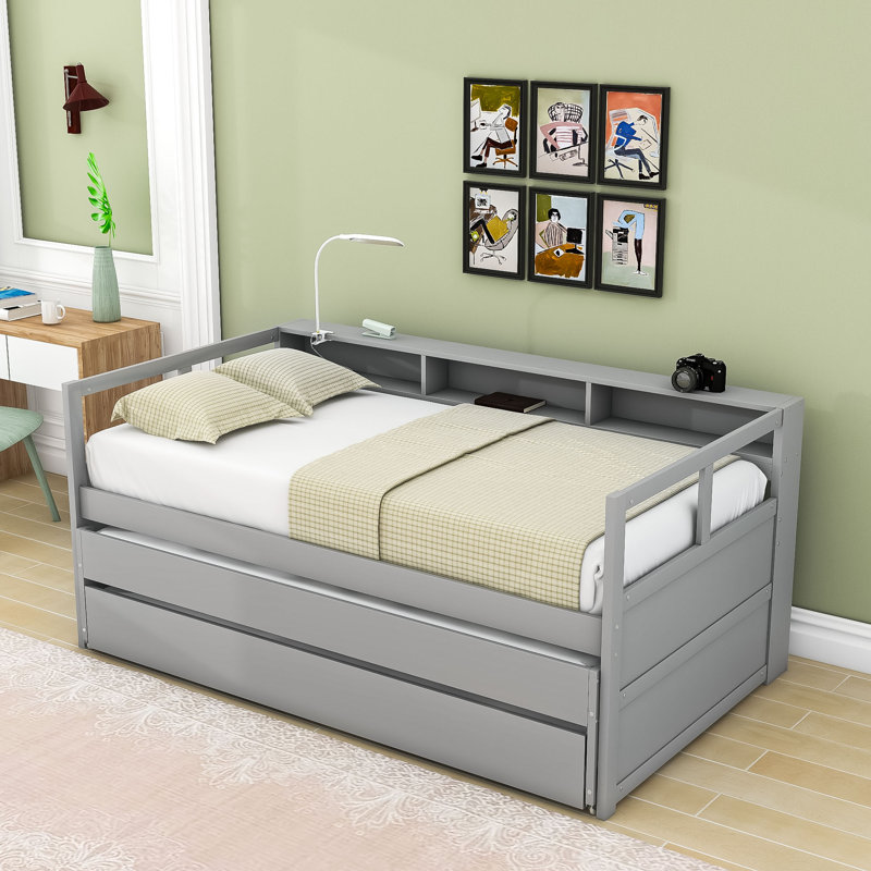Twin XL Wooden Daybed with Dual Trundles, USB Charging Ports and Storage Compartments, Gray