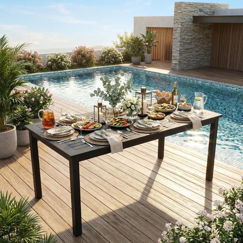 The Rectangular Aluminium Waterproof Patio Outdoor Dining Table with Umbrella Hole(Include lid), Black