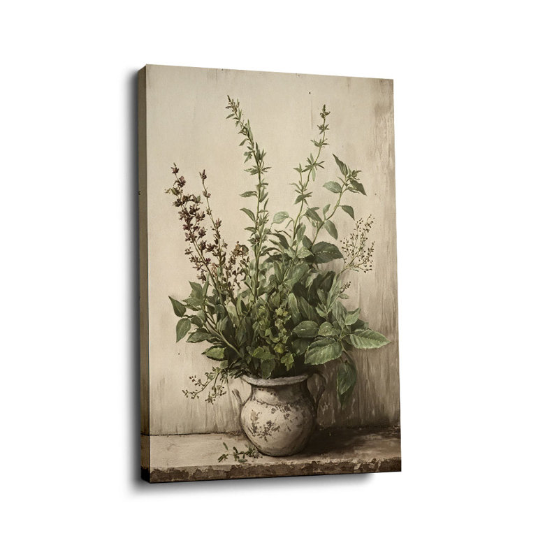 Rustique «Vintage Vase with Fresh Herbs (Neutral Tone)», toile tendue à base de plantes, art mural tendu pour studio confortable