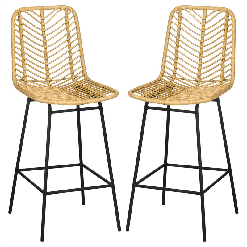 Rattan Bar Stools Set Of 4, 26" Counter Height Barstools, Boho Kitchen Island Stools With Breathable Wicker Seat And Back, Yellow