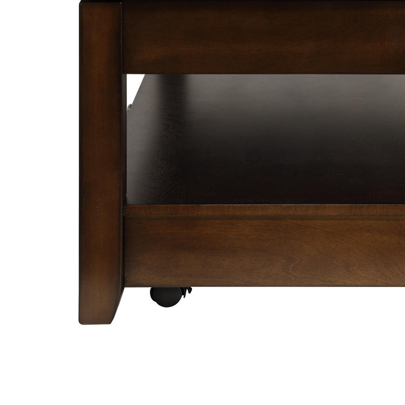 48" Rectangular Lift-Top Coffee Table Dark Cherry Finish with Hidden Storage, Drawer & Open Shelf