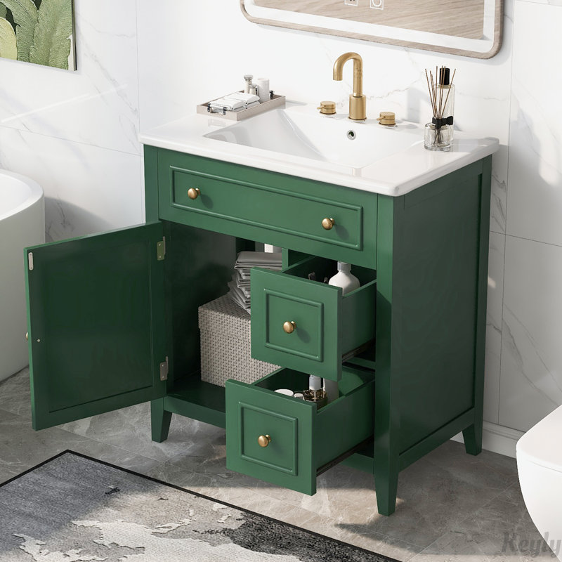 Meuble-lavabo à cadre en bois massif 30 po avec comptoir d'évier, Vert, Or