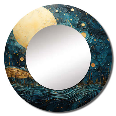 Seto Moon Blue And Gold Cerulean Cycle Dreams V - Moon Mirror, Space Round Unique Wall Mirror, Printed Metal Art