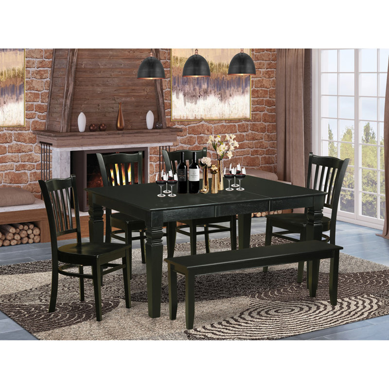 6 Piece Kitchen Table Set Contains a Rectangle Dining Table with Butterfly Leaf and 4 Dining Chairs with a Bench, Black