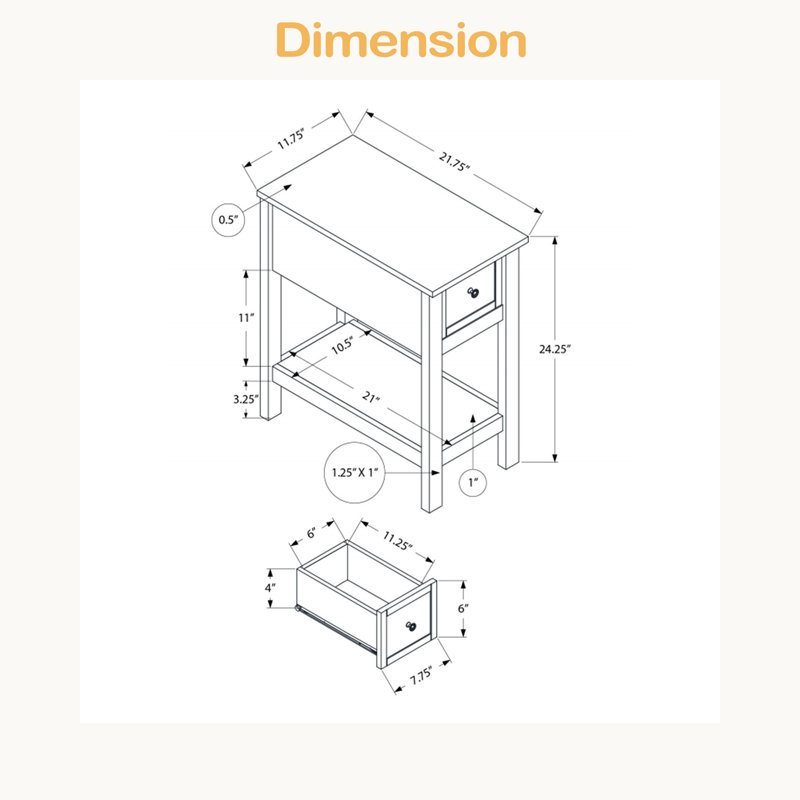 Table compacte avec 1 tiroir et 1 tablette fixe, tiroir de rangement et salon
