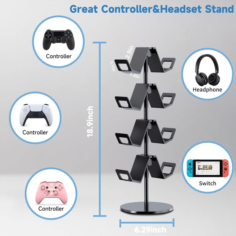 Controller Holder 4 Tier,Headphone Stand - Adjustable Controller Stand For Xbox PS5 PS4 Switch Pro,Black