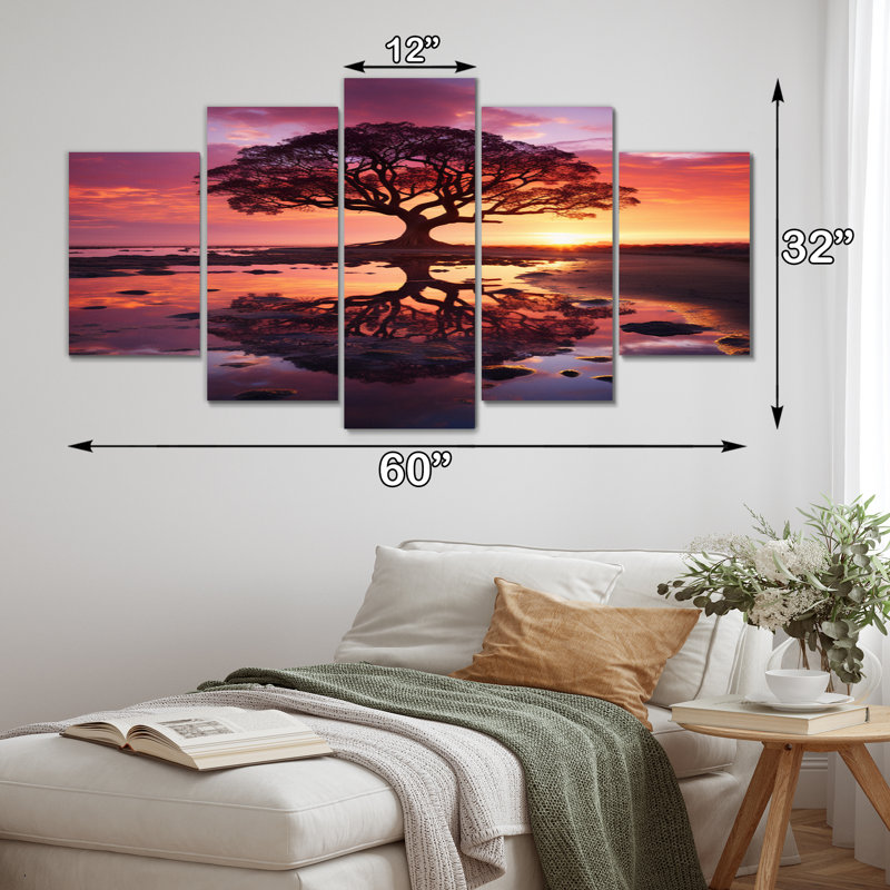 «Pink Tree Enchanted Twilight II - Landscape Trees Wall Art Living Room - 5 Panels