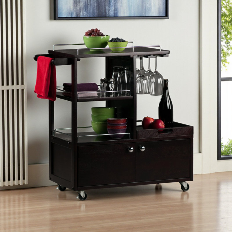 Galen Glass Rack Wine Utility Cart with Wheels in Espresso, 33.05" H X 29.83" W X 15.73" D