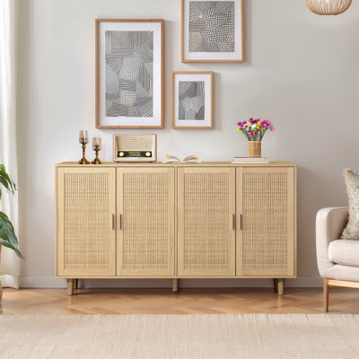 Armoire de rangement élégante et fonctionnelle en rotin à 4 portes 62,20 po, pour la chambre à coucher, le salon, le bureau, facile à assembler