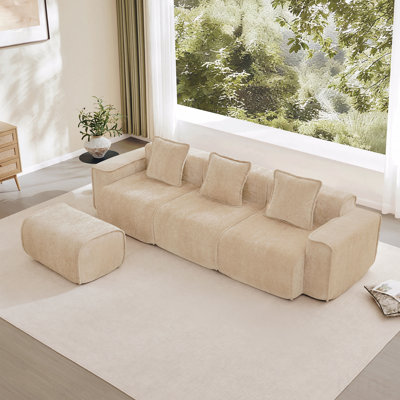Canapé modulaire modulaire en L à 3 places avec passepoil à bordure française, aucun assemblage requis, canapé 3 places avec coussins décoratifs et 1 repose-pieds mobile
