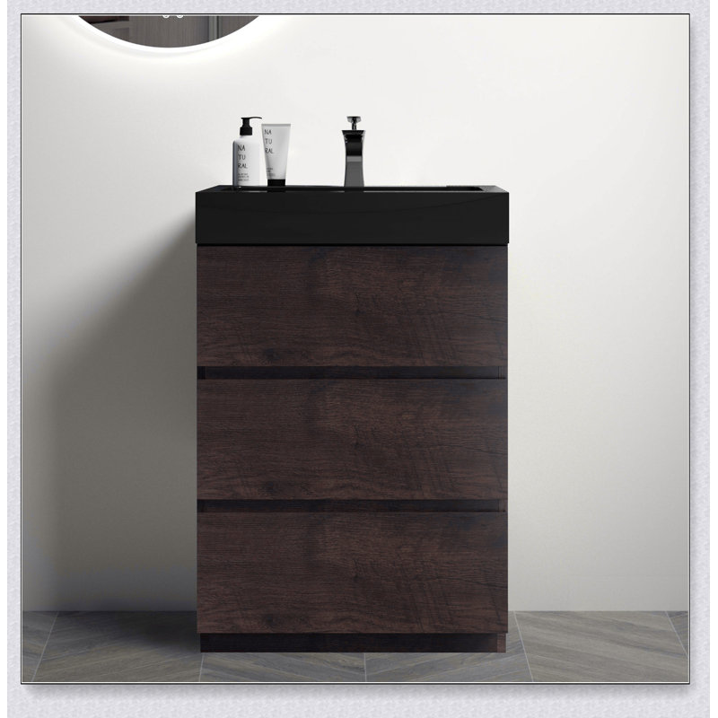 Meuble-lavabo autoportant avec grand lavabo et rangement, Noyer, 24", Noir