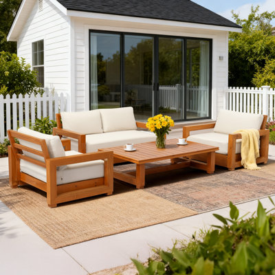 4-Piece Outdoor Patio Conversation Set With Solid Fir Wood Frame And Water-Repellent Cushions