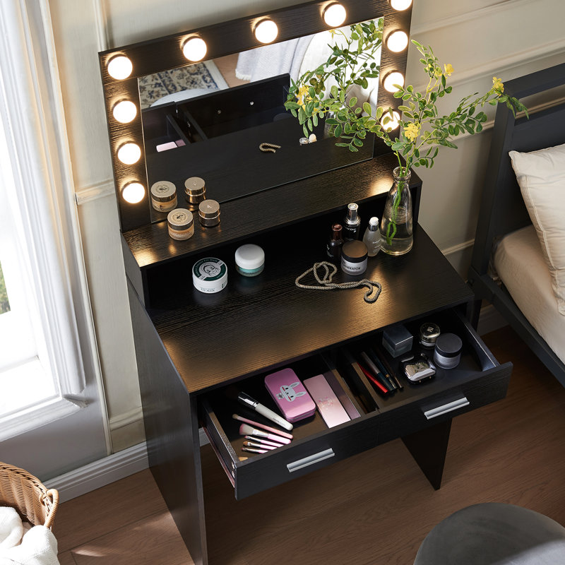 Coiffeuse noire avec miroir et 3 modes d'éclairage, grand tiroir, rangement à 2 niveaux, style idéal pour les cosmétiques de chambre à coucher