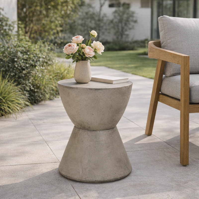 Table d'appoint d'extérieur en béton léger, table de bout MGO avec sablier lisse