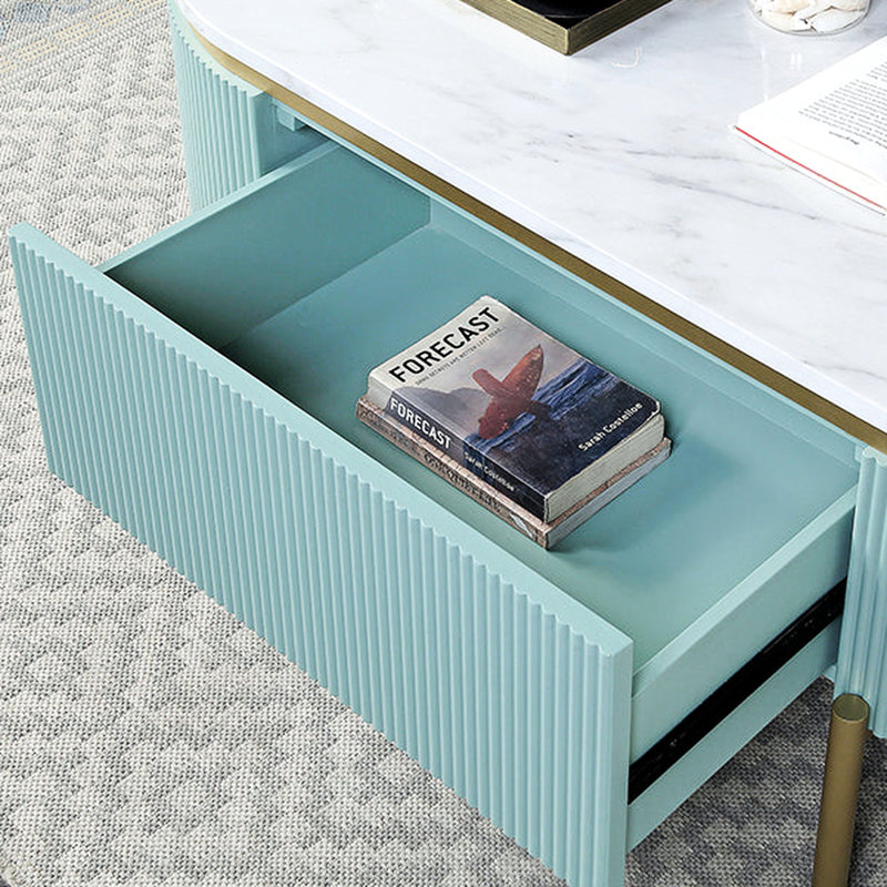 Table de salon contemporaine sarcelle clair 1pc avec plateau en faux marbre blanc et tiroir, Teal