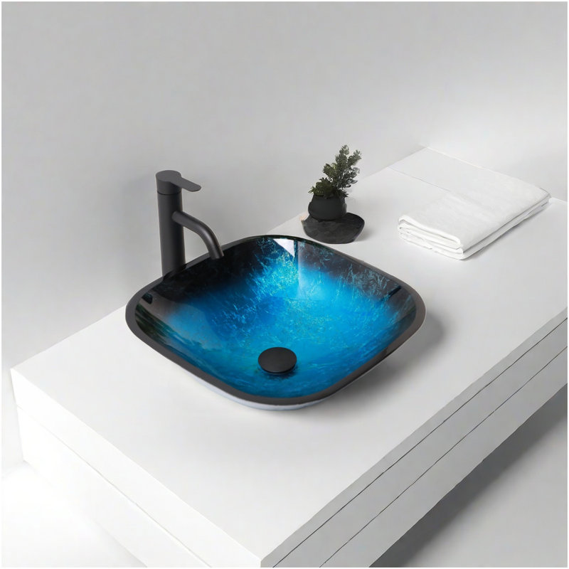 Bathroom Artistic Tempered Glass Vessel Bathroom Sink With Faucet And Pop-Up Drain, Blue