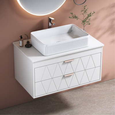 Meuble-lavabo flottant 31,5 po, lavabo en céramique, bois massif blanc, tiroirs en diamant, poignées en or rose pour petit ensemble de meuble-lavabo contemporain avec meuble de rangement, finition, poignées, mise à niveau de l'espace