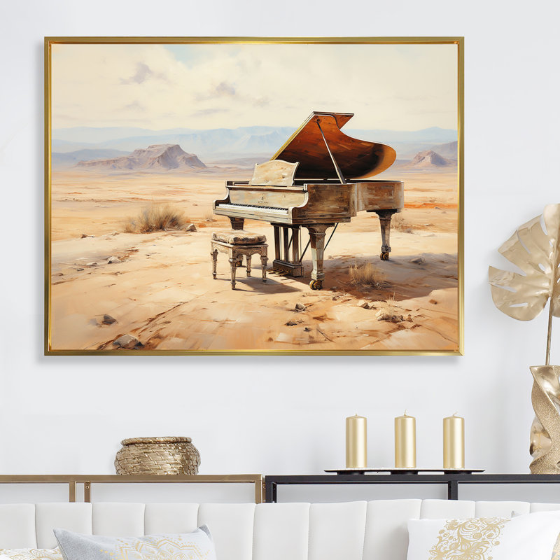 Piano et paysage désertique I - Piano, art mural, salon, Cadre flottant doré, H 16 po x l 32 po x P 1 po