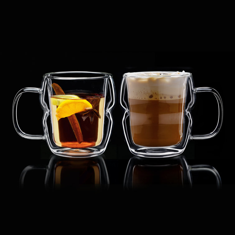 Double Wall Insulated Glass Cups Set of 2 Clear Coffee Mugs 15 oz/ 450ml, Size: Large