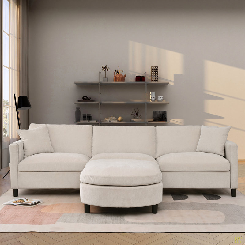 Canapé modulaire 107,87 pi avec 1 repose-pieds, coussin de siège et dossier amovible, Polyester beige
