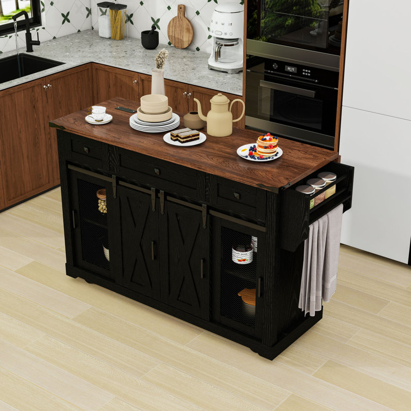 Rolling Kitchen Island with Drop Leaf, Rack, Drawers and Charging Station, Black