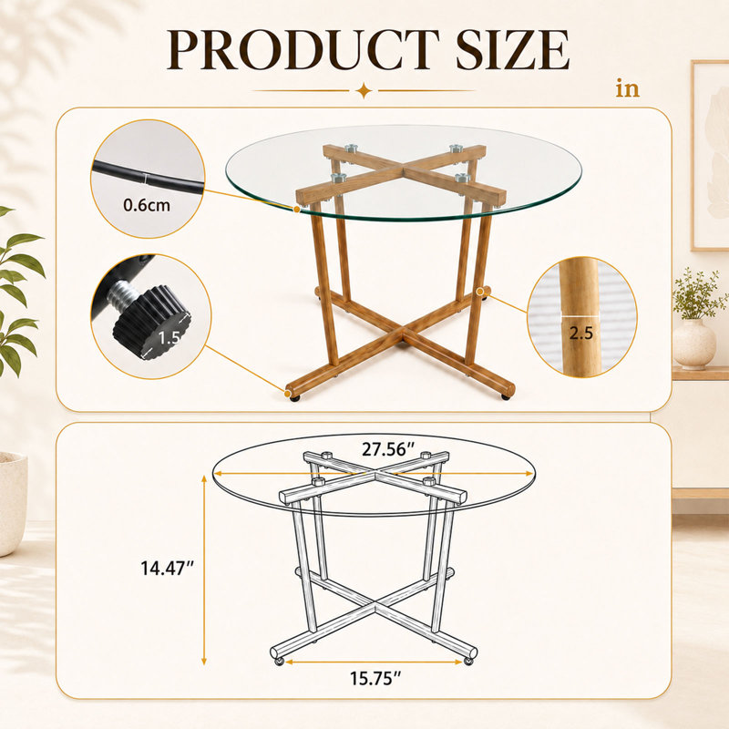 Table basse 27,56 "ronde en verre trempé transparent avec pieds en métal