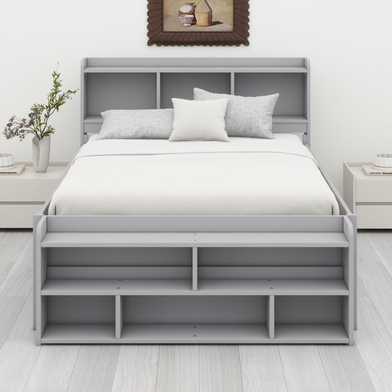 Lit avec tête de lit bibliothèque, tiroirs de rangement sous le lit et étui de rangement, Gris