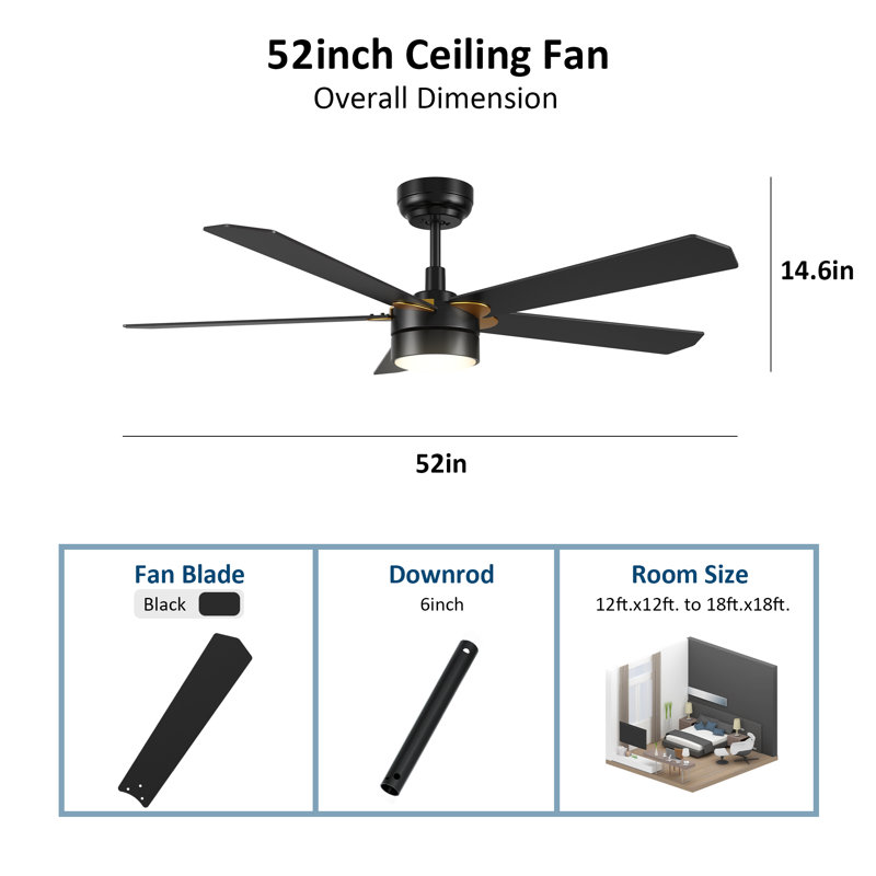 Amonni 52'' Ceiling Fan with LED Lights, Black