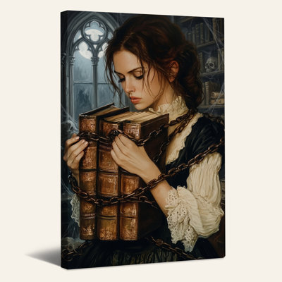 Toile sombre femme tenant de vieux livres enveloppés dans une toile d'Halloween