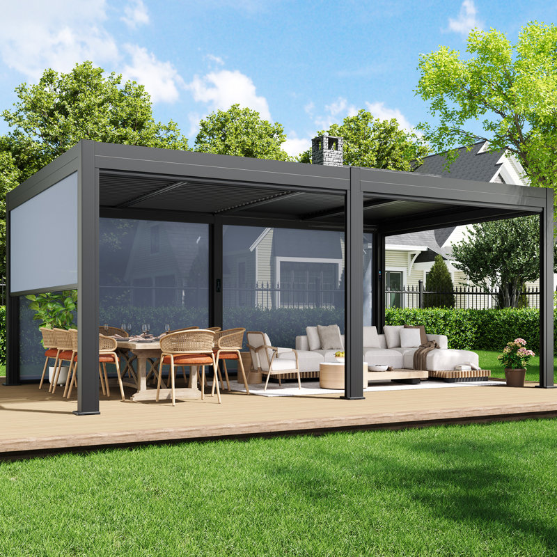 Pergola à persiennes motorisée 12 x 20 pi avec vidéo d'installation, énergie hybride solaire / USB, 4 écrans latéraux automatiques, toit imperméable et cadre en aluminium antirouille, lumières DEL à distance pour terrasse, patio et spa