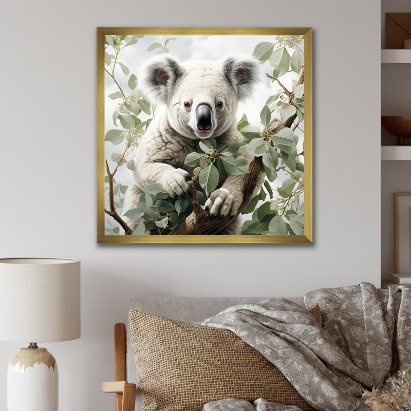 Eucalyptus qui aime les koalas 1 - Koala, art mural animal, Cadre doré simple, H 30 po x l 30 po x P 1,5 po