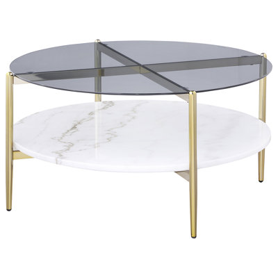Table basse ronde dorée en marbre blanc avec tablette, l 33,2 po x P 33,2 po x H 17 po, métal, marbre, verre, 1 pièce, table de bout, table basse ronde moderne avec plateau trempé fumé